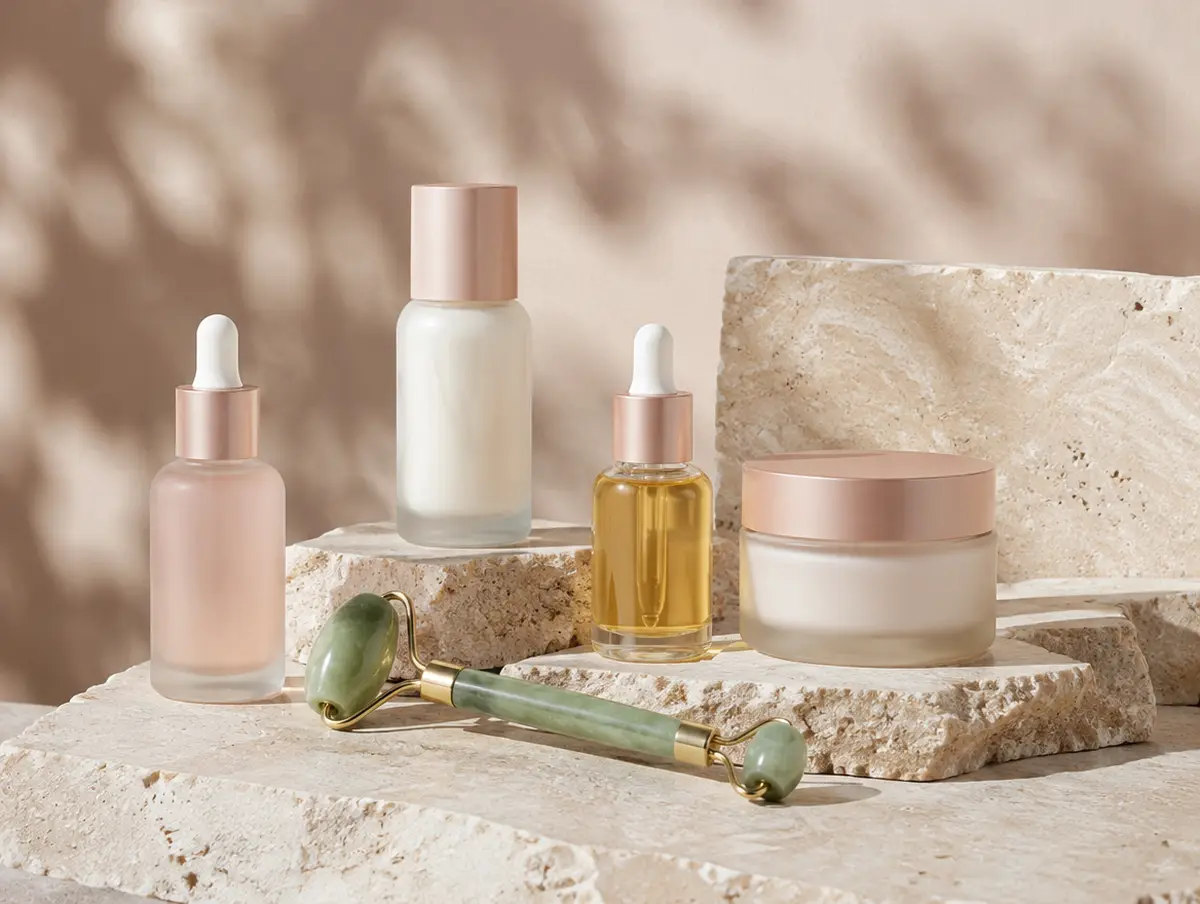 Cosmética y rodillo de jade sobre travertino