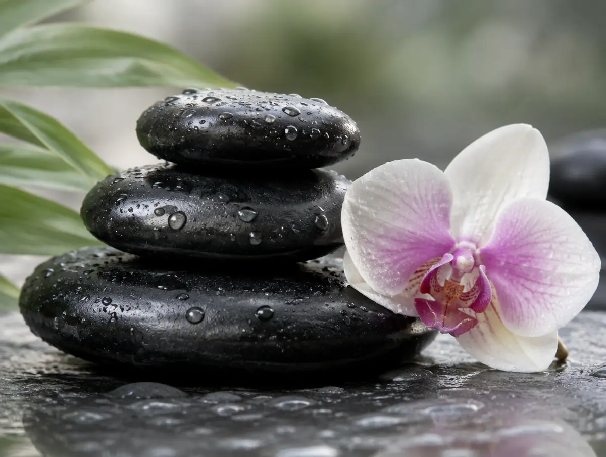 Piedras calientes con orquídea